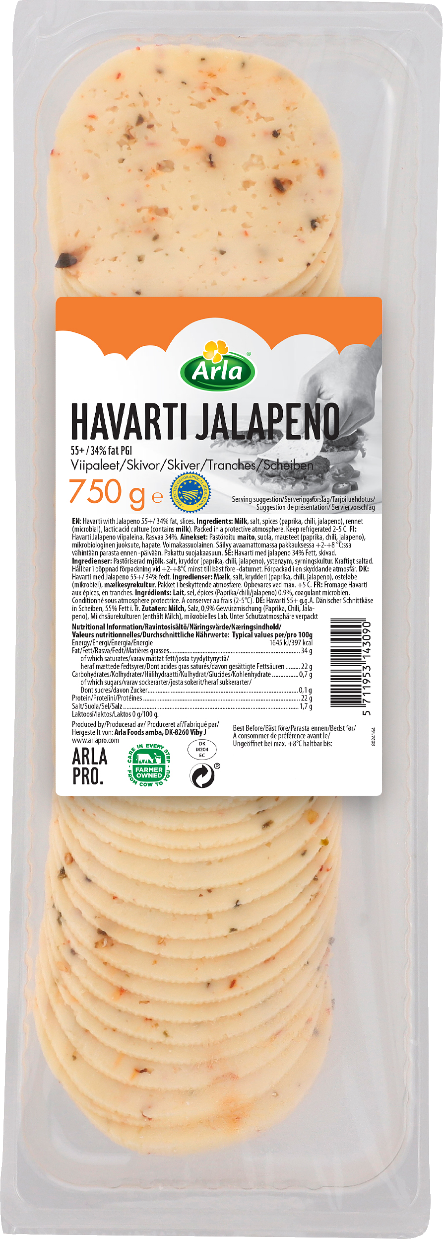 Havarti Jalapeno skivad ost 34%